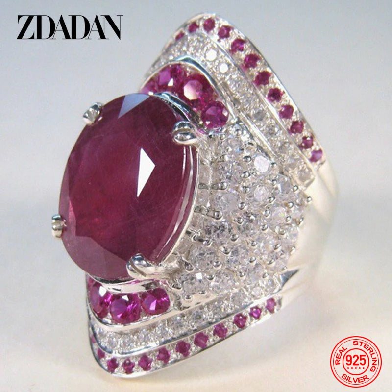ZDADAN 925 Sterling Silver Ruby Ring For Women Zircon Finger Rings Fashion Jewelry Gifts