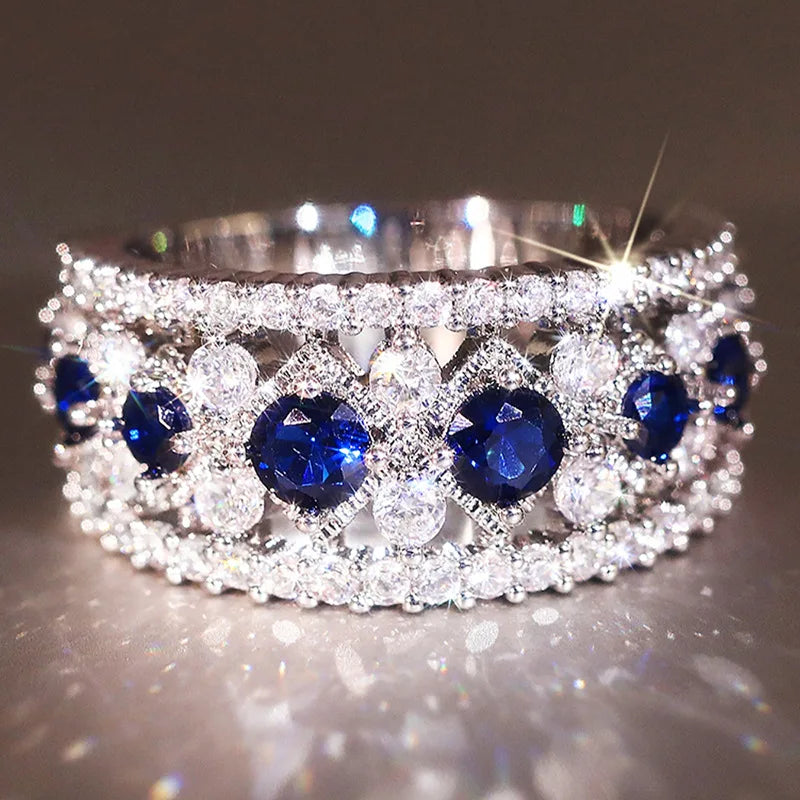 2025 Luxury Prong Setting-Rings For Women With Deep Blue Zircon Stone Anniversary Gift   Wife Micro Paved Middle