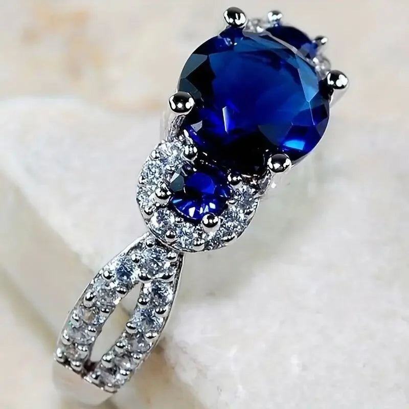 2025 Luxury Prong Setting-Rings For Women With Deep Blue Zircon Stone Anniversary Gift   Wife Micro Paved Middle