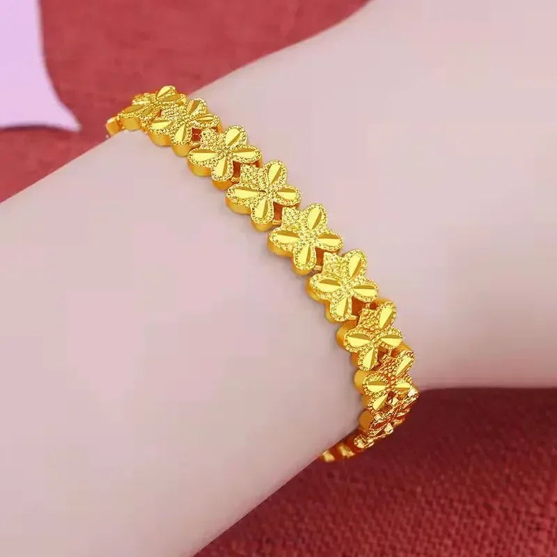 New Plated 24K Gold Bracelet Female Pure Gold Plated Golden Love Lucky Bead Doppel Herz Phoenix Tail Butterfly Bangle Jewelry
