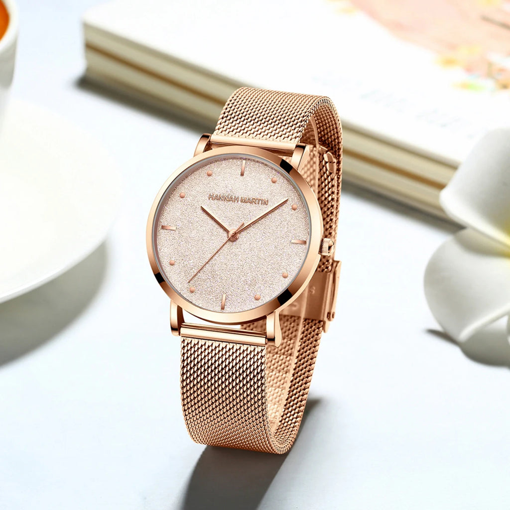 2025 New Women's Luxury Watch Matte Dial Japanese Quartz Movement Stainless Steel Mesh Strap Hannah Martin Brand Original Watch
